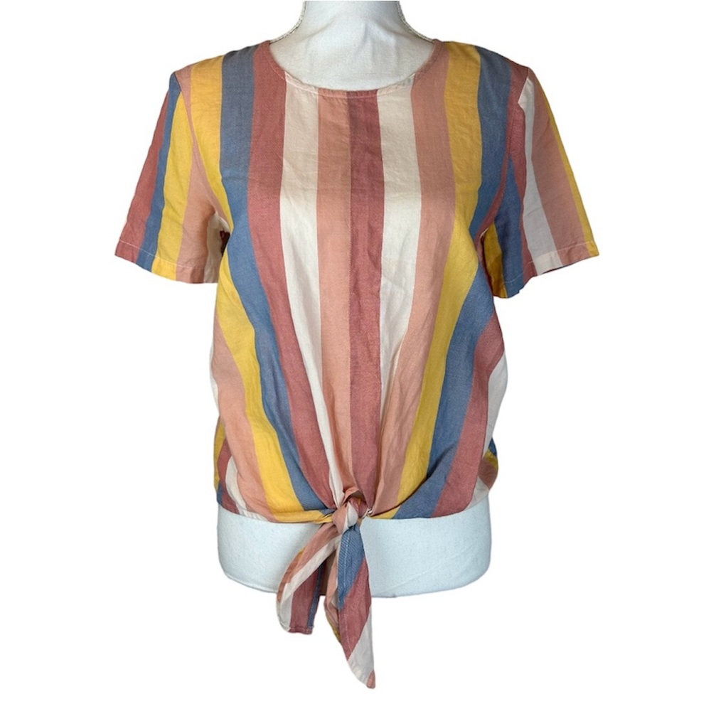 MADEWELL Linen Short-Sleeve Tie-Front Shirt Striped Rear Buttons Women’s Small S